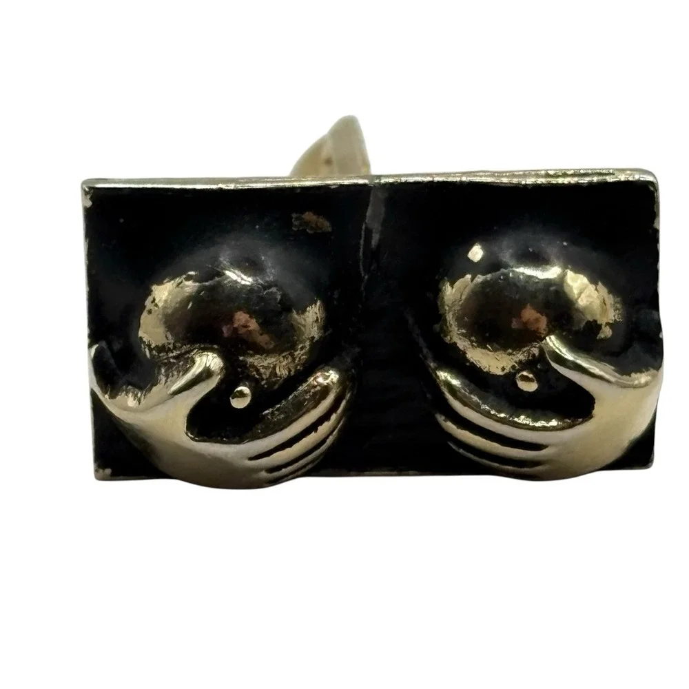 Boobs Breasts Cufflinks Naughty Gold Tone Black‎ Happy Hands Novelty Funny READ